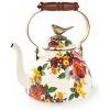 MACKENZIE-CHILDS Enamel Tea Kettle, Cute Kitchen Kettle for Stovetop, 3-Quart Capacity, Black-and-White Courtly Check with Bird Topper(White Flower Market)