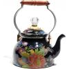 MACKENZIE-CHILDS Enamel Tea Kettle, Decorative Tea Kettle for Stovetop, 3 Quarts, Wild Rose Brown(Black Flower Market)