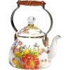 MACKENZIE-CHILDS Enamel Tea Kettle, Decorative Tea Kettle for Stovetop, 3 Quarts, Wild Rose Brown(White Flower Market)