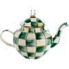 MACKENZIE-CHILDS Enamel Teapot, Cute Small Teapot with Lid, 4-Cup Capacity, Black-and-White Courtly Check(Emerald Check)