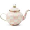 MACKENZIE-CHILDS Enamel Teapot, Cute Small Teapot with Lid, 4-Cup Capacity, Black-and-White Courtly Check(Rosy Check)