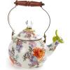 MACKENZIE-CHILDS Enamel Whistling Tea Kettle, Decorative Teapot for Stovetop, Black-and-White Courtly Check(Flower Market White)