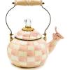 MACKENZIE-CHILDS Enamel Whistling Tea Kettle, Decorative Teapot for Stovetop, Black-and-White Courtly Check(Rosy Check)