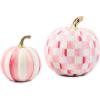 MACKENZIE-CHILDS Set of 2 Pumpkins, Resin Halloween and Fall Decor, Small and Medium, Mossy-Green-and-White Moss Stripe and Check(Bubblegum Stripe & Check)