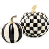 MACKENZIE-CHILDS Set of 2 Pumpkins, Resin Halloween and Fall Decor, Small and Medium, Mossy-Green-and-White Moss Stripe and Check(Courtly Stripe & Check)