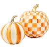 MACKENZIE-CHILDS Set of 2 Pumpkins, Resin Halloween and Fall Decor, Small and Medium, Mossy-Green-and-White Moss Stripe and Check(Orange Stripe & Check)