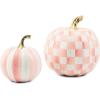MACKENZIE-CHILDS Set of 2 Pumpkins, Resin Halloween and Fall Decor, Small and Medium, Mossy-Green-and-White Moss Stripe and Check(Rosy Stripe & Check)