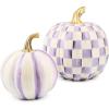 MACKENZIE-CHILDS Set of 2 Pumpkins, Resin Halloween and Fall Decor, Small and Medium, Mossy-Green-and-White Moss Stripe and Check(Violet Stripe & Check)