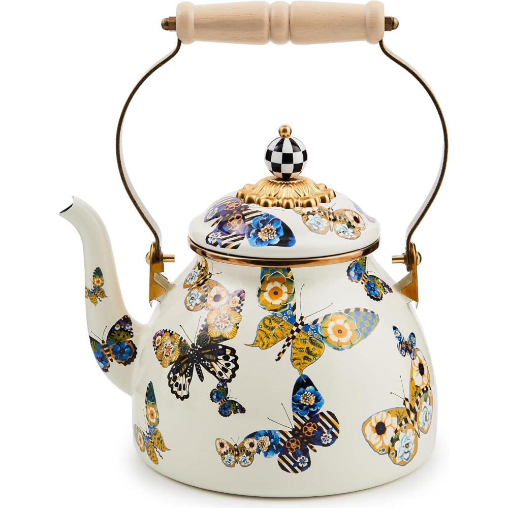 imageMACKENZIECHILDS 2Quart Enamel Tea Kettle Cute Tea Kettle for Stovetop ButterflyButterfly