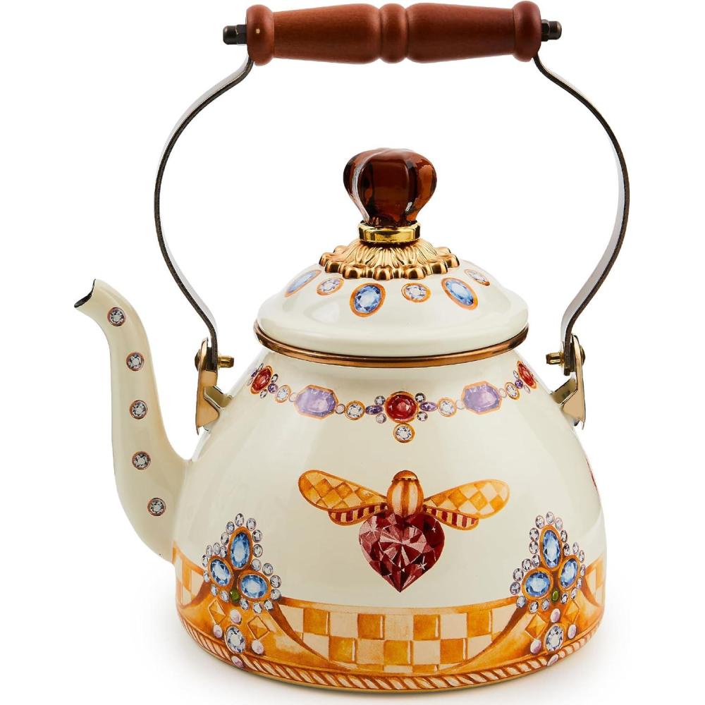 imageMACKENZIECHILDS 2Quart Enamel Tea Kettle Cute Tea Kettle for Stovetop ButterflyQueen Bee