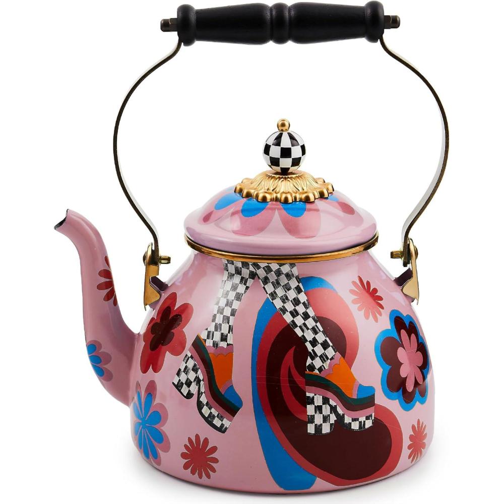 imageMACKENZIECHILDS 2Quart Enamel Tea Kettle Cute Tea Kettle for Stovetop Queen BeeGo Go