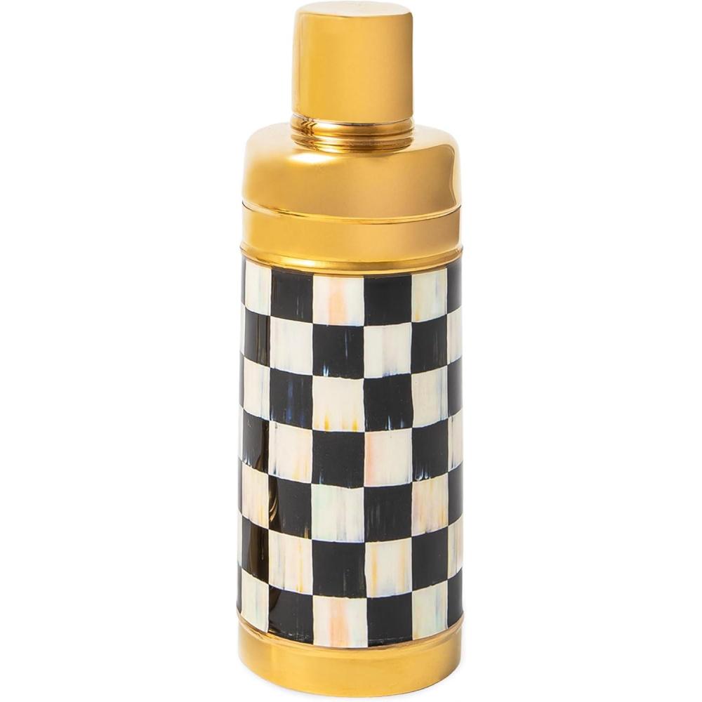 imageMACKENZIECHILDS 3260 20Ounce Cocktail Shaker StainlessSteel Shaker Cup with Lid BlackandWhite Courtly CheckCourtly Check Gold