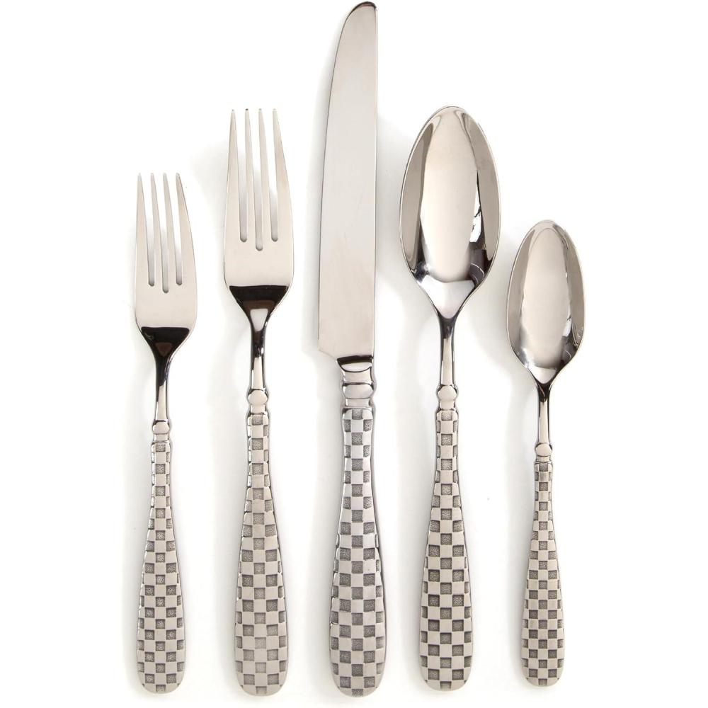 imageMACKENZIECHILDS 5Piece Flatware Set Cute Silverware Set with Salad Fork Dinner Fork Knife Spoon and Teaspoon Gold CheckCheck