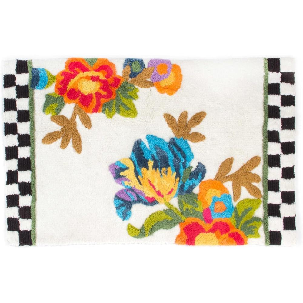 imageMACKENZIECHILDS Bath Rug Bath Mat for Bathroom Use Cotton Rug White Flower MarketFlower Market White