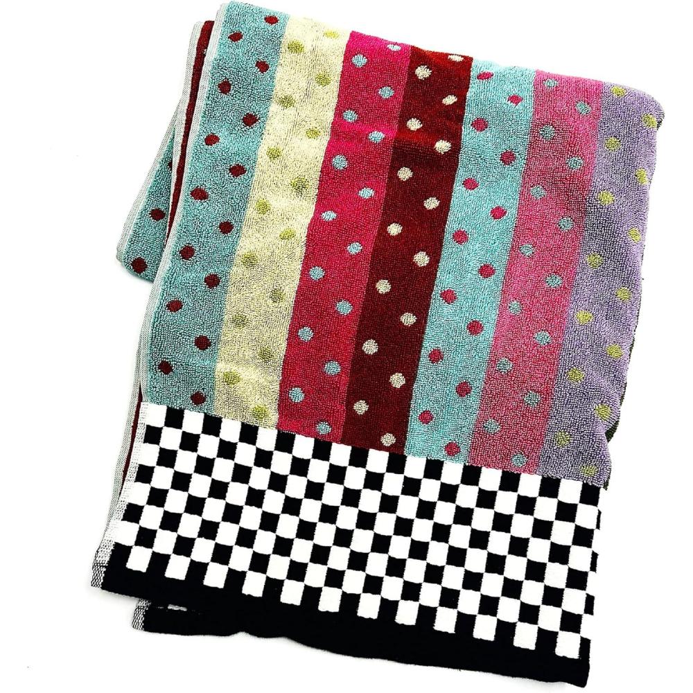 imageMACKENZIECHILDS Bath Towel Cute Decorative Bathroom Towel BlueandWhite Royal CheckMulticolor Stripe and Dot Confetti