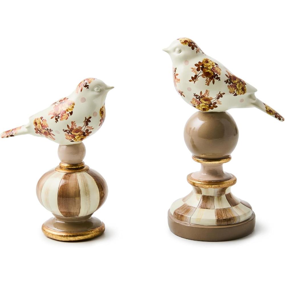 imageMACKENZIECHILDS Bird Topiaries Decorative Bird Decor for Living Room or Bedroom Table Decor Set of 2 WildflowersBrown Wild Rose