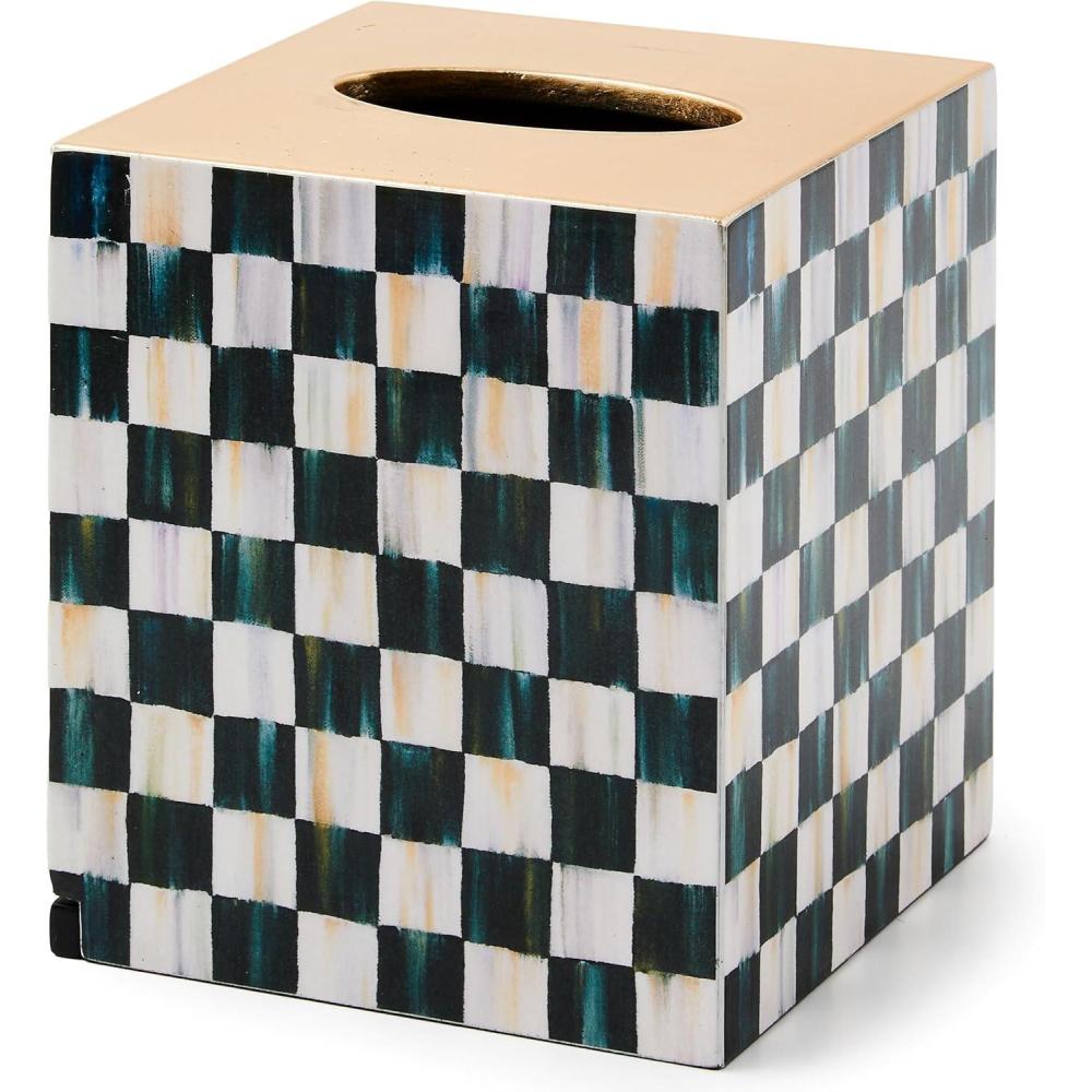 imageMACKENZIECHILDS Boutique Square TissueBox Cover Tissue Holder for Home Decor BlackandWhite Courtly Check Lacquer