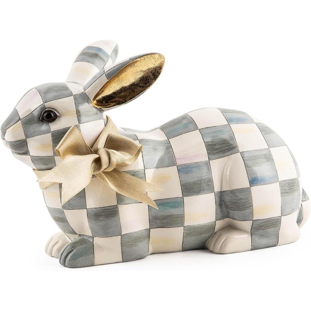 imageMACKENZIECHILDS Bunny Figurine Rabbit Figurine Decoration for Spring Resting Royal CheckSterling Check