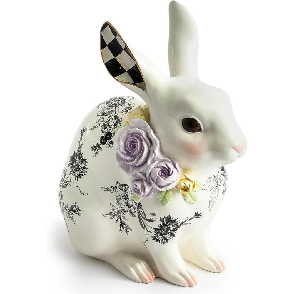 imageMACKENZIECHILDS Butterfly Toile Bunny Figurine Resin Rabbit Statue for Spring TallShort