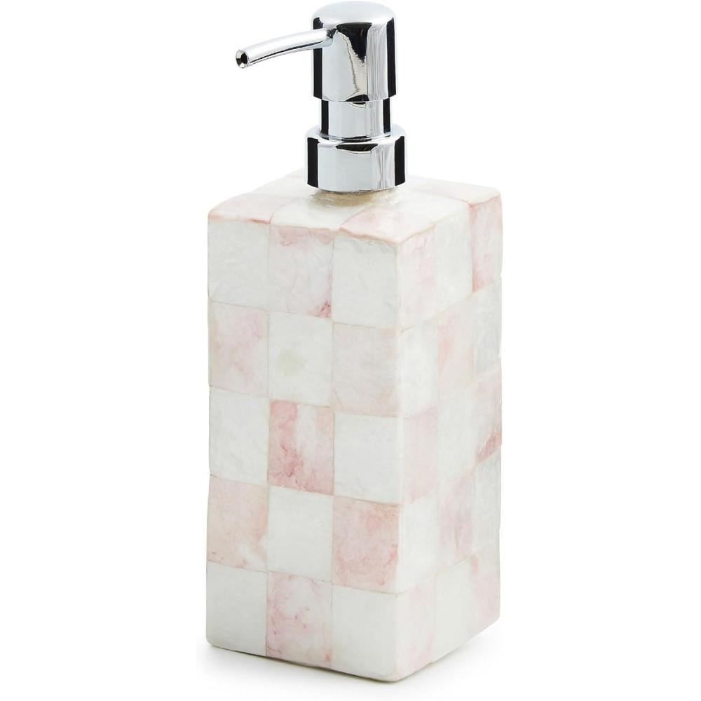 imageMACKENZIECHILDS Capiz Soap Pump LiquidSoap Dispenser for Bathroom or Kitchen PinkandWhite Rosy CheckRosy Check