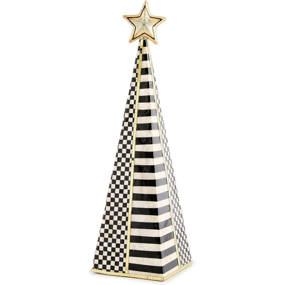 imageMACKENZIECHILDS Capiz Tabletop Tree Figure Christmas Decoration and Holiday Decor BlackandWhite Checks and Stripes Courtly Noel