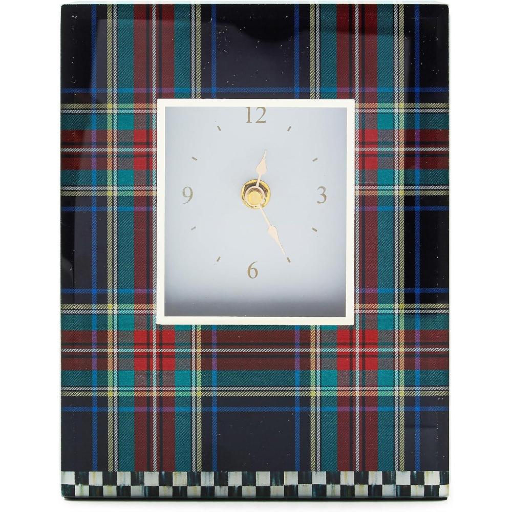 imageMACKENZIECHILDS Carriage Clock Decorative Printed Glass Clock for Kitchen and Living Room Black Tartan