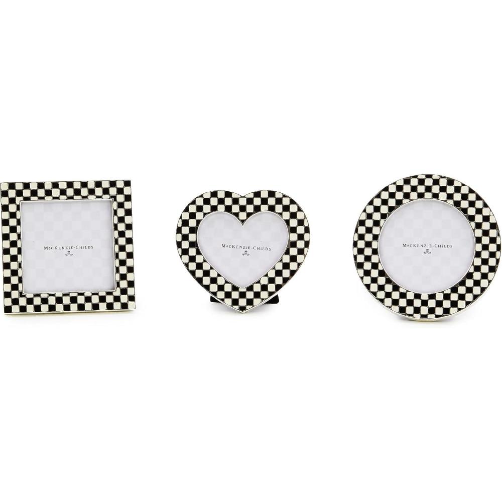 imageMACKENZIECHILDS Celebrate Courtly Assorted Frames Cute Boxed Picture Frame Set Round Square and Heart Photo Frames Set of 3