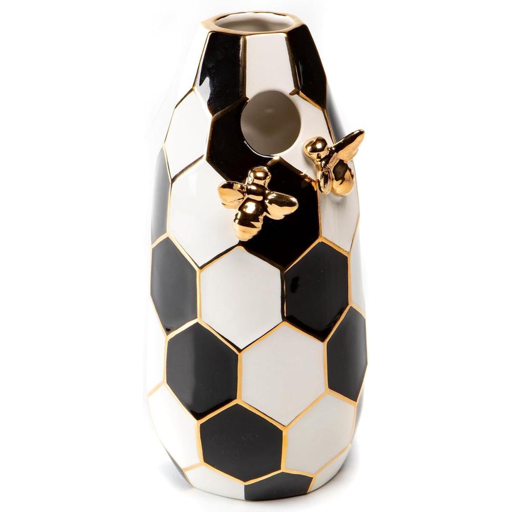 imageMACKENZIECHILDS Ceramic Flower Vase Decor for Living Room or Bedroom BlackandWhite Queen Bee