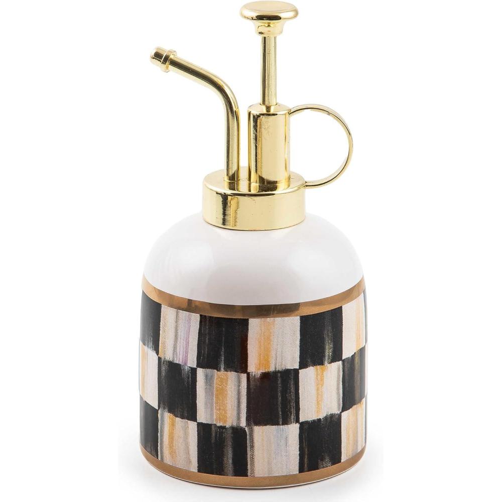 imageMACKENZIECHILDS Ceramic Plant Mister Decorative Mister Spray Bottle for Houseplants BlackandWhite Courtly Check