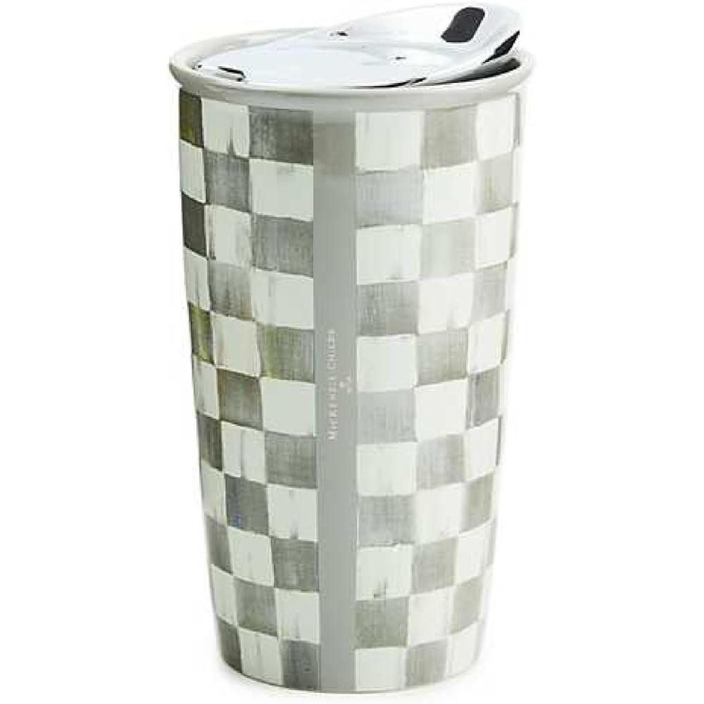 imageMACKENZIECHILDS Ceramic Travel Cup Cute Tumbler Cup with Lid 12 Ounces BlackandWhite Courtly CheckSterling Check