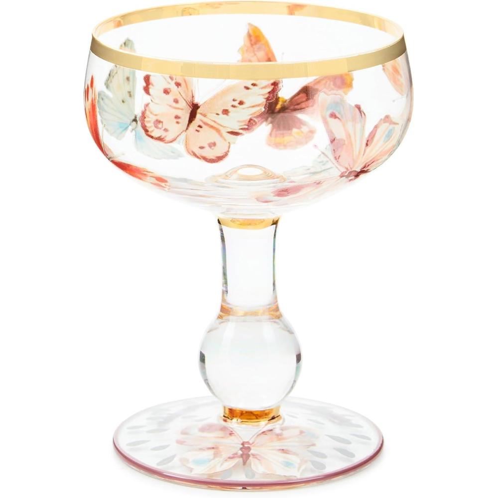 imageMACKENZIECHILDS Coupe Glass Decorative Stemmed Cocktail Glass 11 Ounces BlueandWhite Royal CheckButterfly Hill