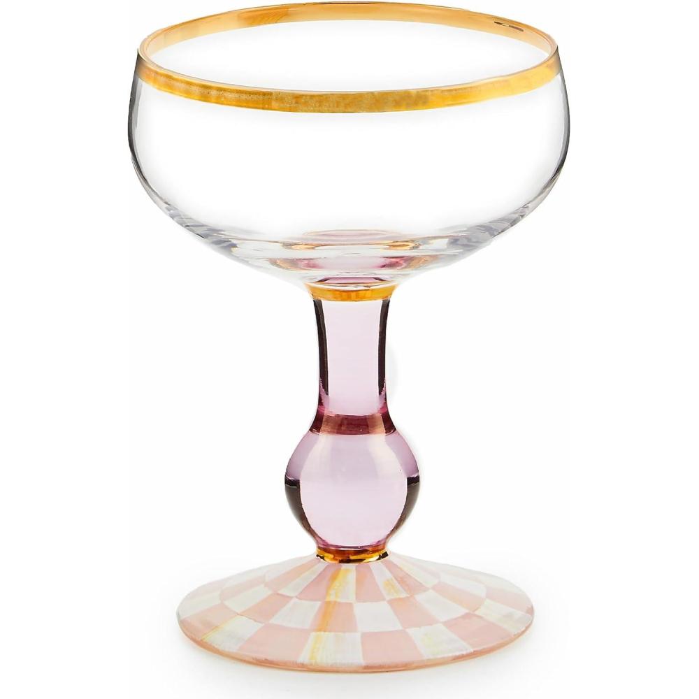 imageMACKENZIECHILDS Coupe Glass Decorative Stemmed Cocktail Glass 11 Ounces BlueandWhite Royal CheckRosy Check
