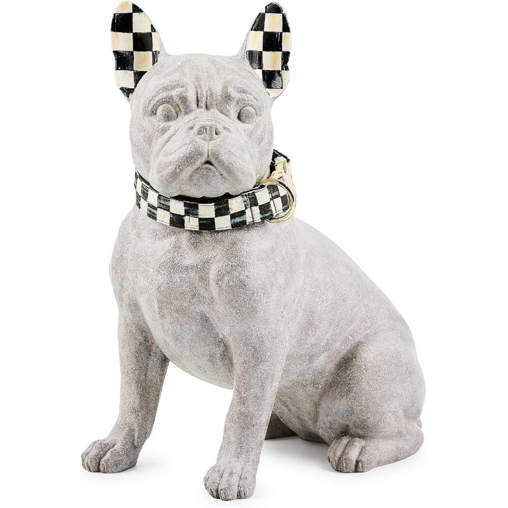 imageMACKENZIECHILDS Dog Figurine Decorative Resin Dog Statue with Removable Collar BlackandWhite Courtly Check French Bulldog
