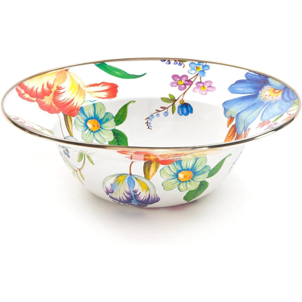 imageMACKENZIECHILDS Enamel Breakfast Bowl Unique Soup Bowl or Cereal Bowl Dinnerware Butterfly Garden Set of 1Flower Market White