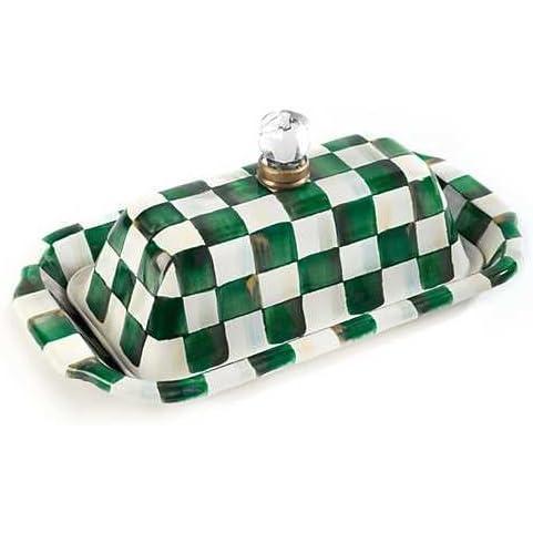 imageMACKENZIECHILDS Enamel Butter Box Cute Lidded Butter Dish BlackandWhite Courtly CheckEmerald Check