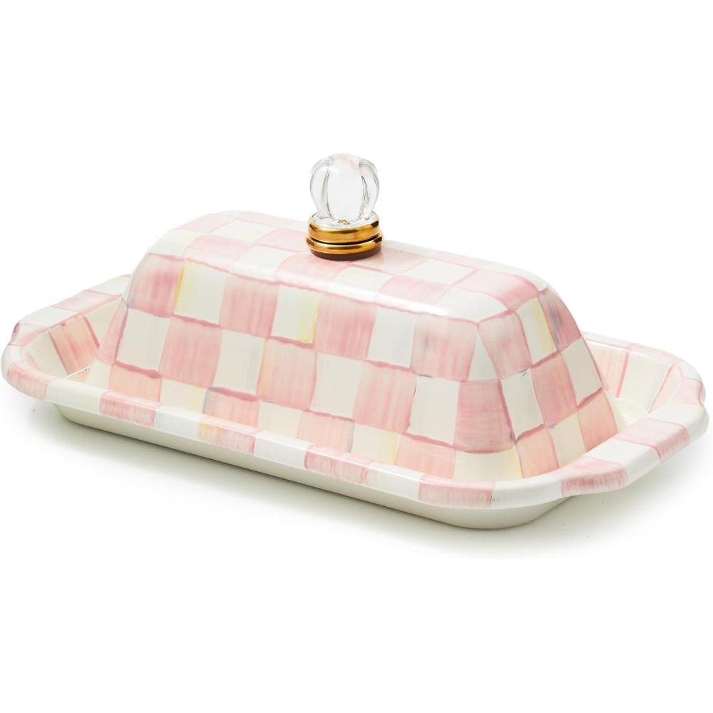 imageMACKENZIECHILDS Enamel Butter Box Cute Lidded Butter Dish BlackandWhite Courtly CheckRosy Check