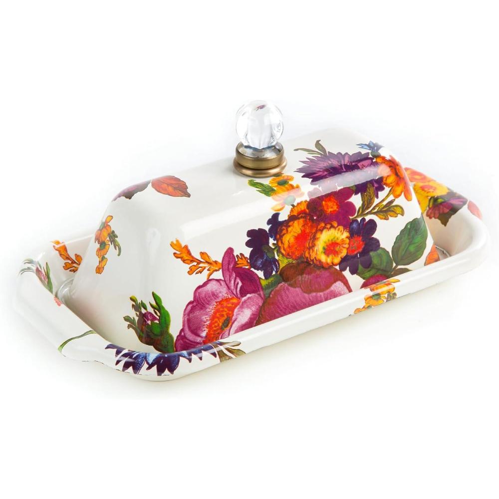 imageMACKENZIECHILDS Enamel Butter Box Cute Lidded Butter Dish BlackandWhite Courtly CheckWhite Flower Market