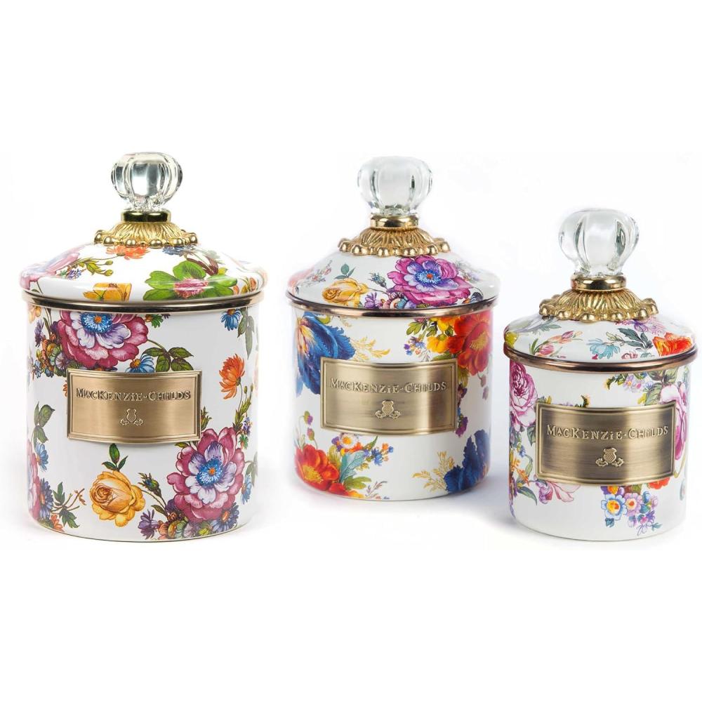 imageMACKENZIECHILDS Enamel Canister Set Mini 14 oz Demi 24 oz and Small 38 oz Kitchen Containers White Flower Market
