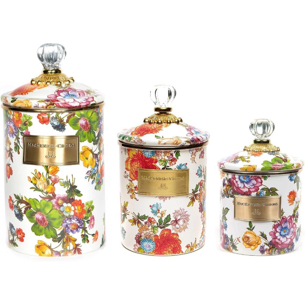 imageMACKENZIECHILDS Enamel Canister Set Small 38 oz Medium 48 oz and Large 64 oz Kitchen Containers White Flower Market