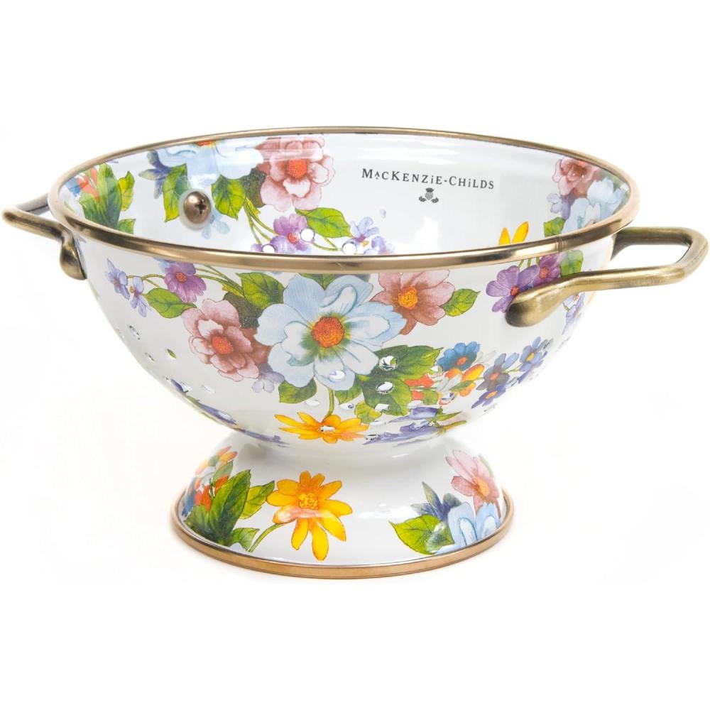 imageMACKENZIECHILDS Enamel Colander Decorative Kitchen Strainer Large Blue WildflowersWhite Flower Market