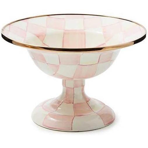 imageMACKENZIECHILDS Enamel Compote Cute Enamel Pedestal Serving Dish or Decorative Bowl Large BlueandWhite Royal CheckRosy Check