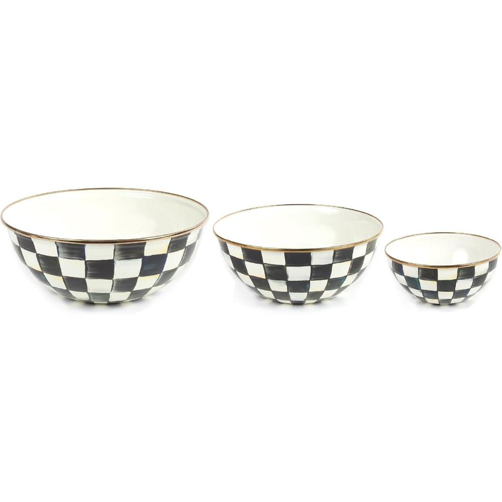 imageMACKENZIECHILDS Enamel Mixing Bowl Set Small 5Cup Medium 10Cup and Large 16Cup Serving Bowls for Entertaining Set of 3 BlueandWhite Royal CheckCourtly Check