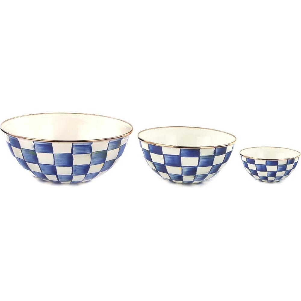 imageMACKENZIECHILDS Enamel Mixing Bowl Set Small 5Cup Medium 10Cup and Large 16Cup Serving Bowls for Entertaining Set of 3 BlueandWhite Royal CheckRoyal Check