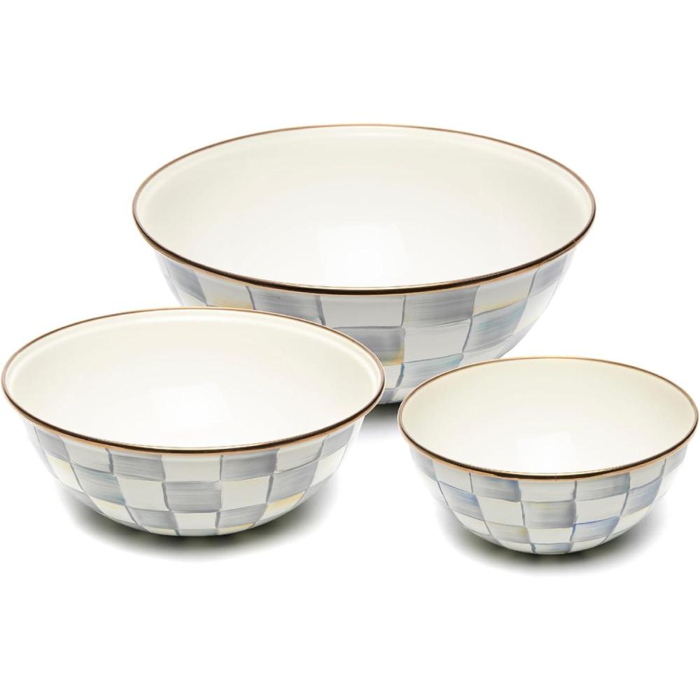 imageMACKENZIECHILDS Enamel Mixing Bowl Set Small 5Cup Medium 10Cup and Large 16Cup Serving Bowls for Entertaining Set of 3 BlueandWhite Royal CheckSterling Check