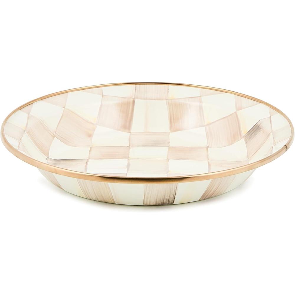 imageMACKENZIECHILDS Enamel Pie Plate Ovenproof Pie Pan for Cooking and Serving PinkandWhite Rosy CheckMocha Check
