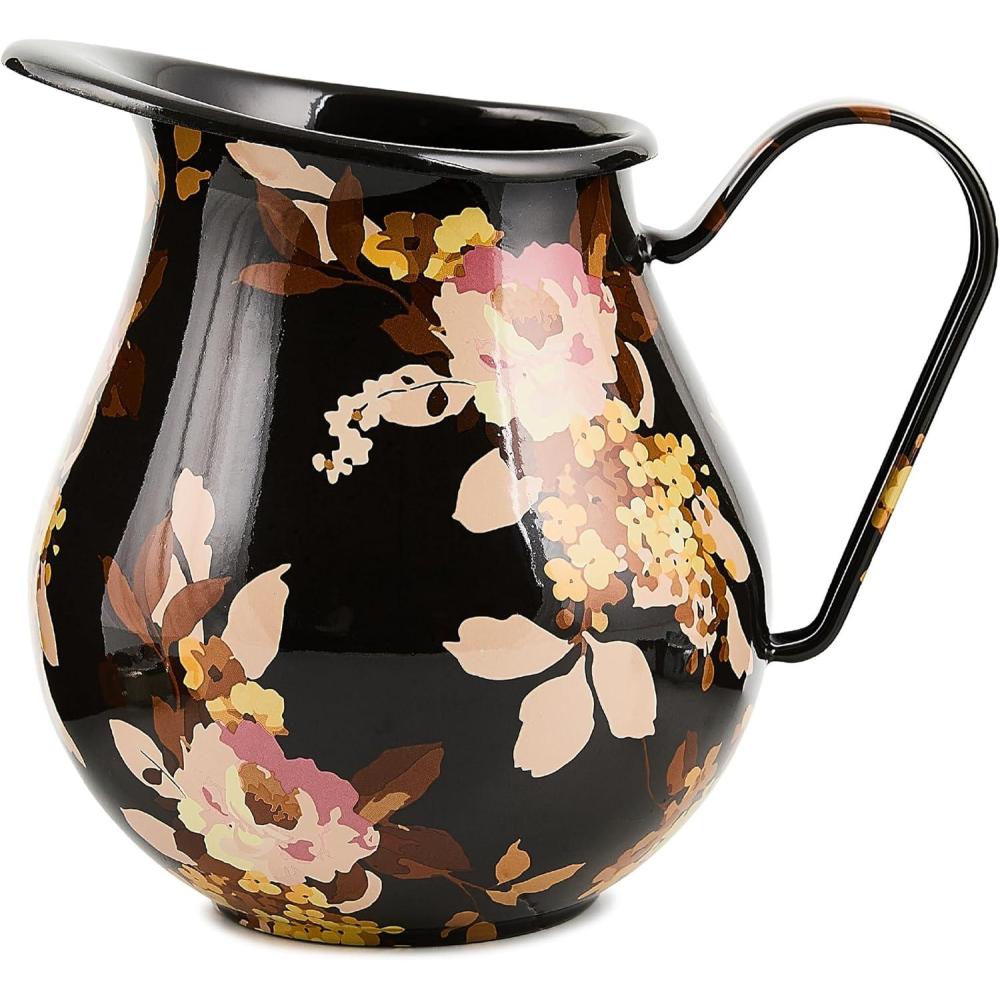 imageMACKENZIECHILDS Enamel Pitcher with Spout Cute Water Pitcher 3 Quarts Wild Rose WhiteBrown Wild Rose