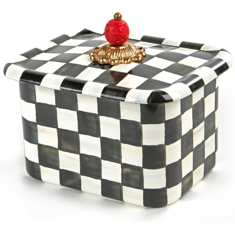 imageMACKENZIECHILDS Enamel Recipe Box Cute RecipeCard Box with Lid IndexCard Holder for Kitchen BlackandWhite Courtly Check