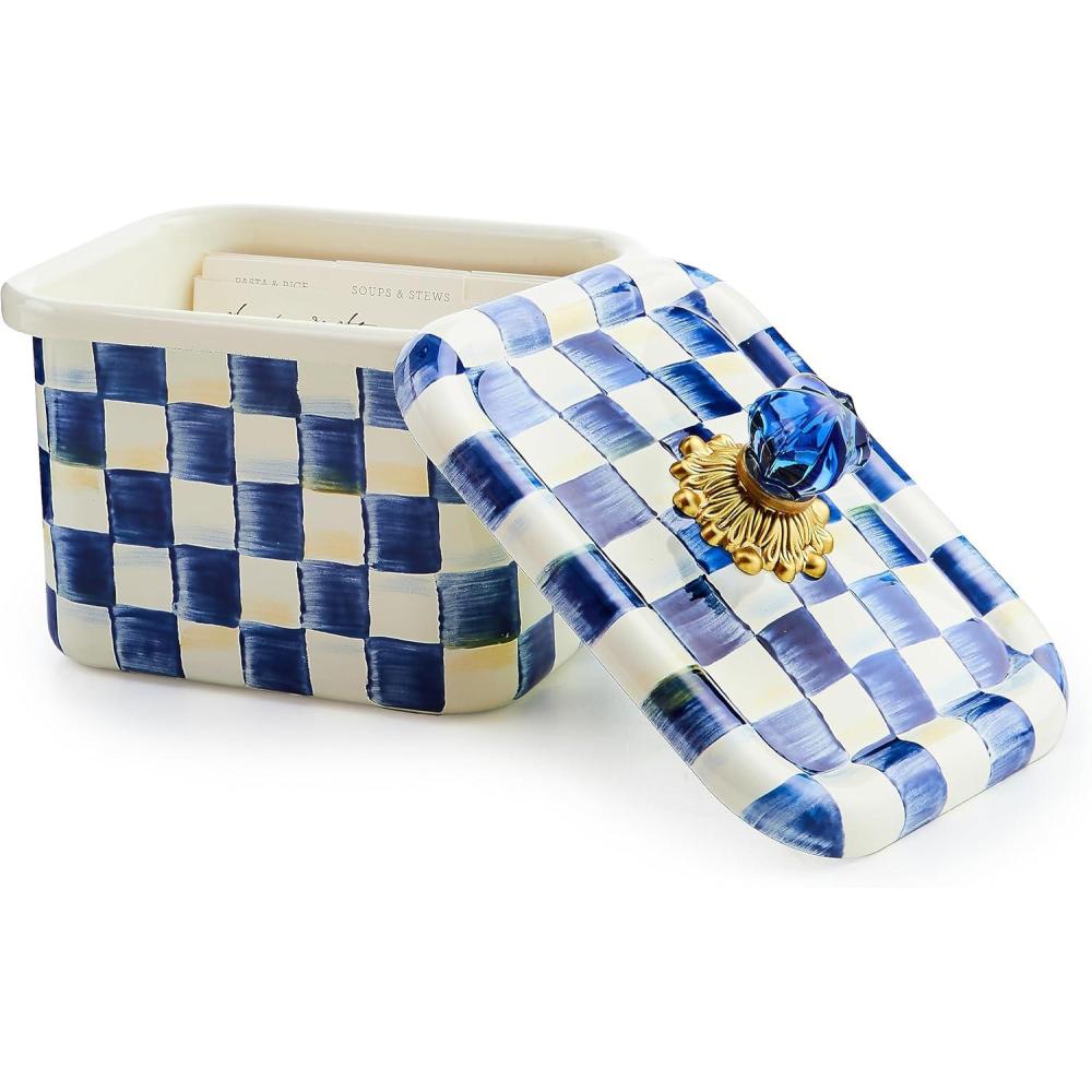 imageMACKENZIECHILDS Enamel Recipe Box Cute RecipeCard Box with Lid IndexCard Holder for Kitchen BlueandWhite Royal CheckRoyal Check