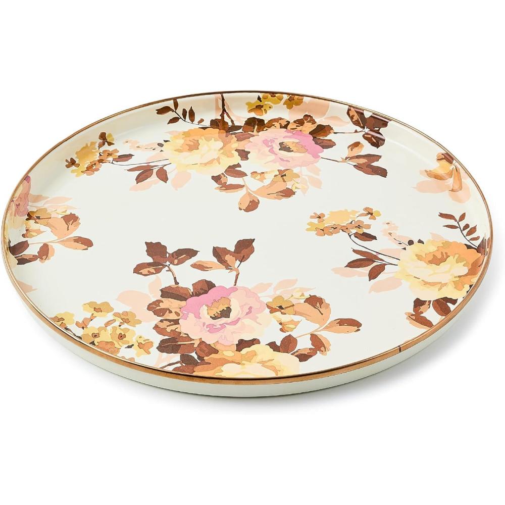 imageMACKENZIECHILDS Enamel Round Tray Unique Serving Platter for Food and Drinks BlueandWhite Royal CheckWhite Wild Rose