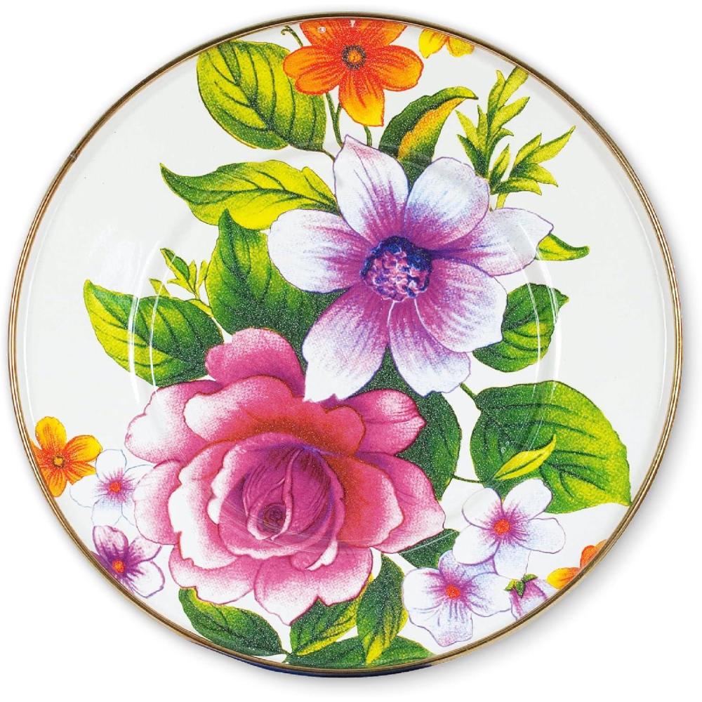 imageMACKENZIECHILDS Enamel Salad and Dessert Plate Small Plate for a Dessert or Appetizer Dish 8 Inches Butterfly GardenWhite Flower Market